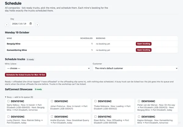 The Schedule page: the day's mines with their bookings, and the trucks ready to schedule.